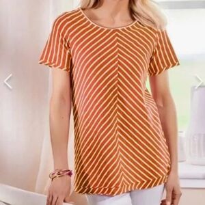 Soft Surroundings Orange Striped Short-Sleeve Top Size Medium